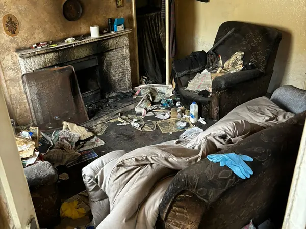 Fire-damaged house before clearance