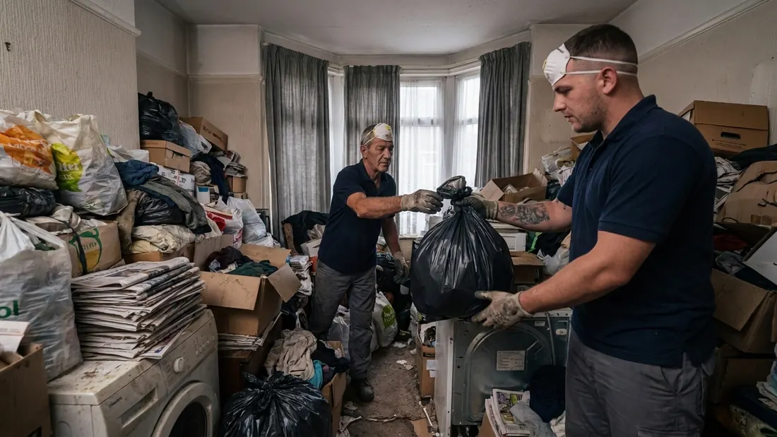 Two of our crew bagging the contents of a heavily cluttered room