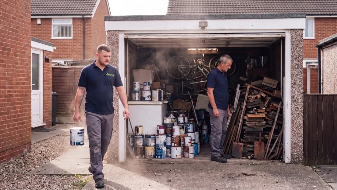 Emptying a garage of paint tins, timber and old bicycles